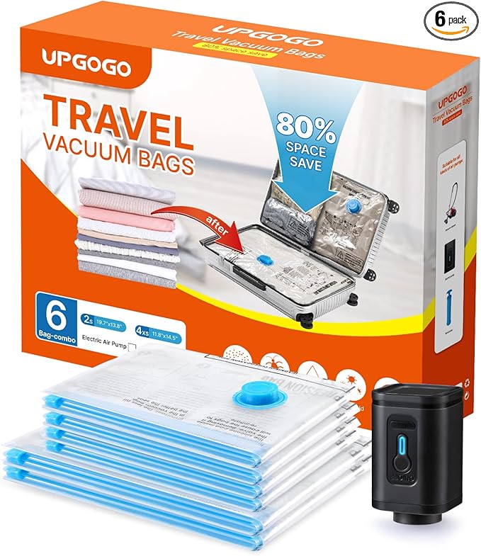 Travel Vacuum Bags with Prtable Electric Pump (Combo 6 Pack),Vacuum Seal Bags for Clothing,Space Saver Vacuum Storage Bags,Vacuum Travel Bags for Luggage,Travel Essentials